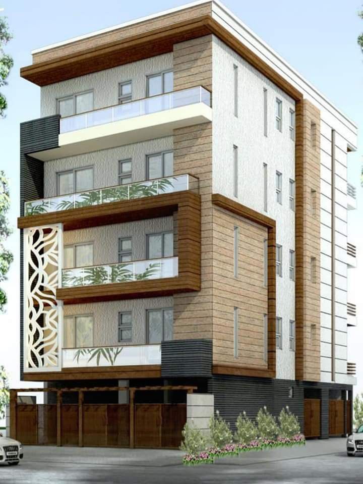 “Modern multi-story residential building with contemporary architecture, glass balconies, wooden exterior accents, large windows, and landscaped frontage.