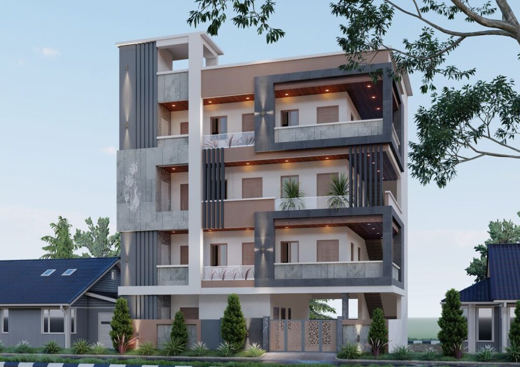 “Modern three-story residential house with contemporary architecture, multiple balconies, large windows, decorative exterior panels, warm ceiling lights, landscaped frontage, and surrounding trees