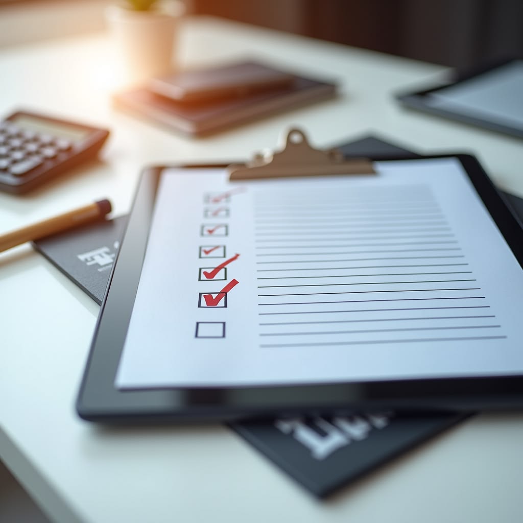 A clipboard holds a checklist with several red check marks and one empty box on a desk, beside a pen and calculator.