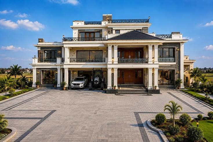 A grand cream-colored luxury mansion with balconies and tall columns overlooks a broad paved driveway, under a bright blue sky; the scene feels calm and imposing.