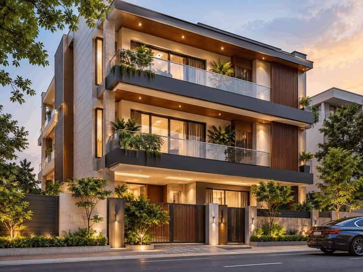 Modern three-story luxury home with glass balconies, warm wood accents, landscaped greenery, and glowing windows at sunset, conveying an inviting, serene mood.